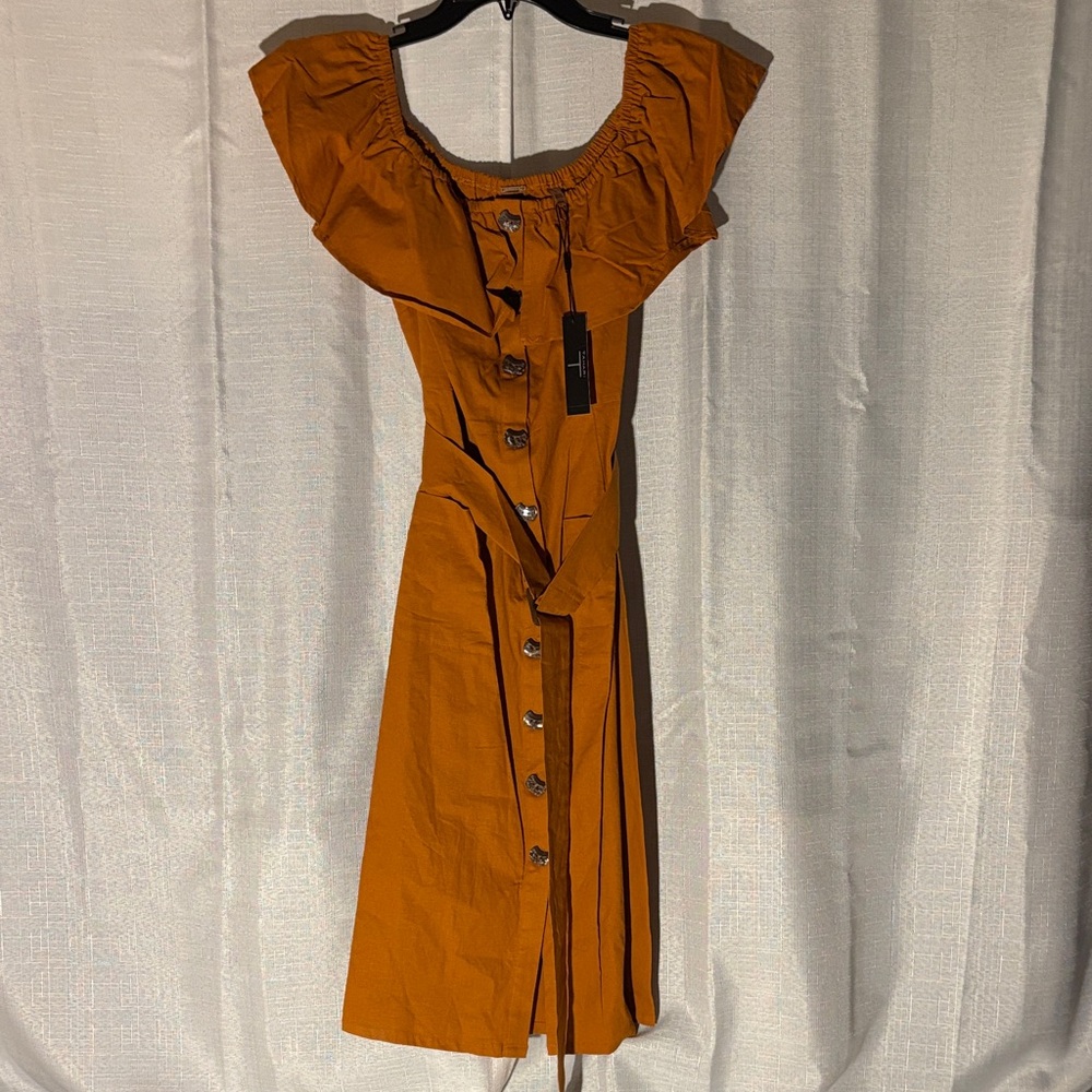 Tahari Gold/Rust Midi Dress with Button Detail